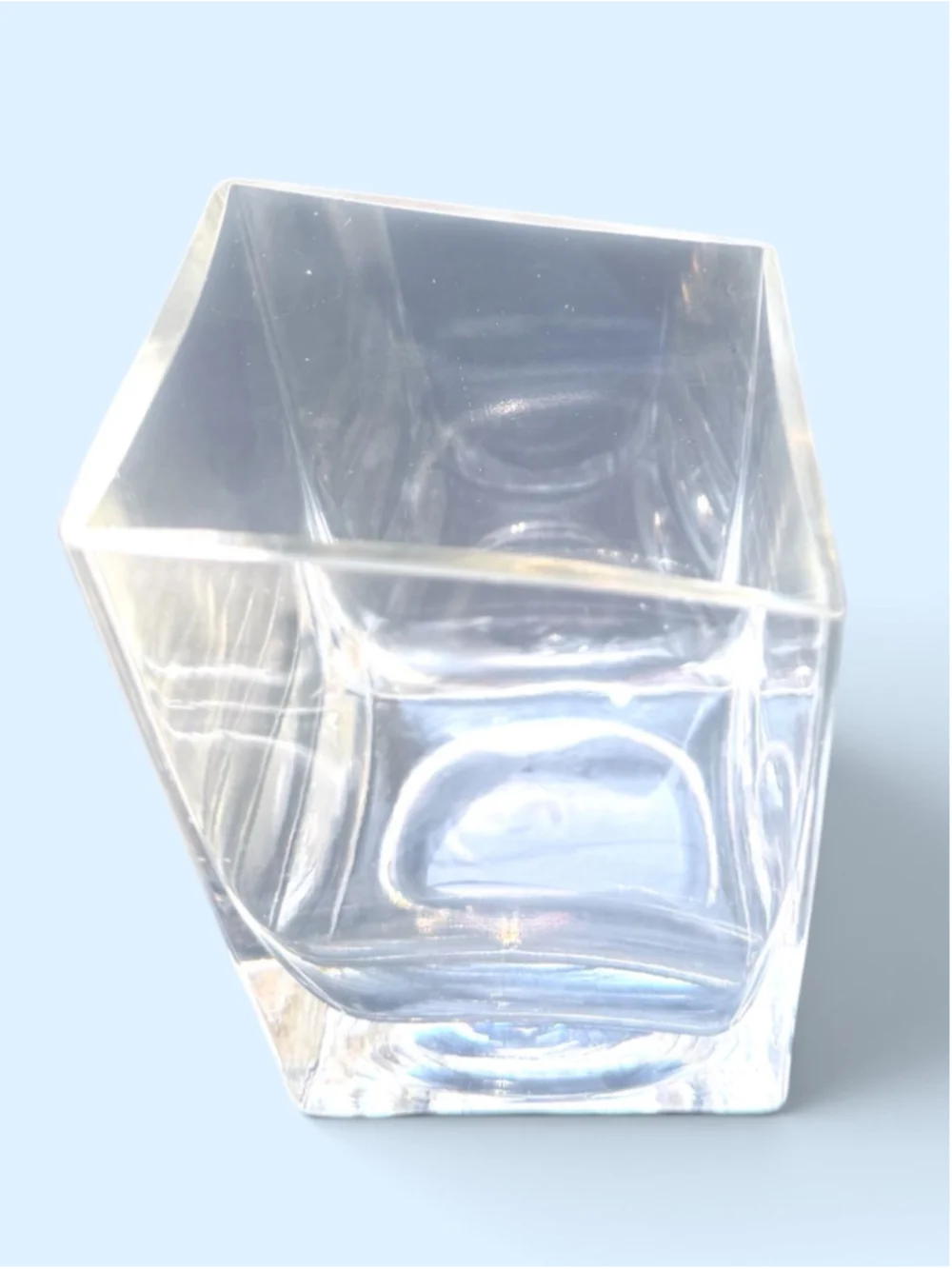 Heavy Clear Art Glass Vase Geometric Square Form with Slanted Rim